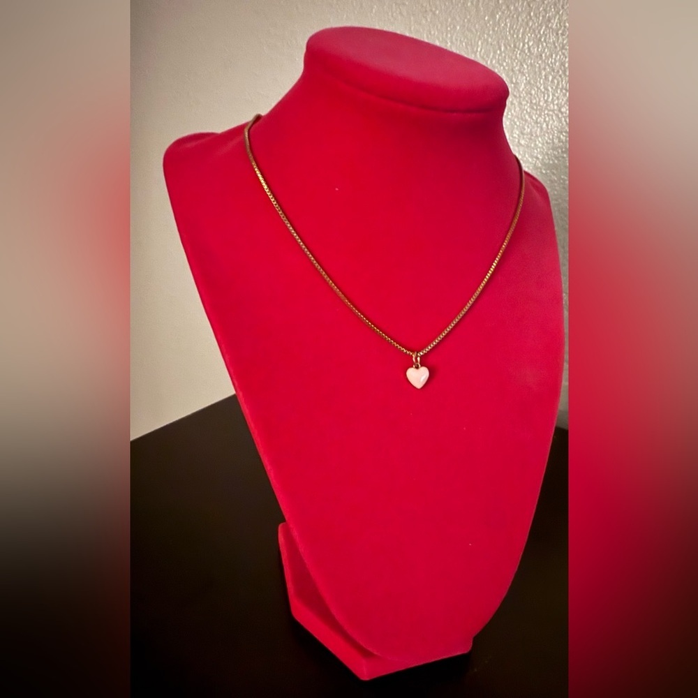 Delicate Gold Tone Heart Necklace | Minimal Pink Heart Pendant Layering Jewelry - Picture 3 of 4